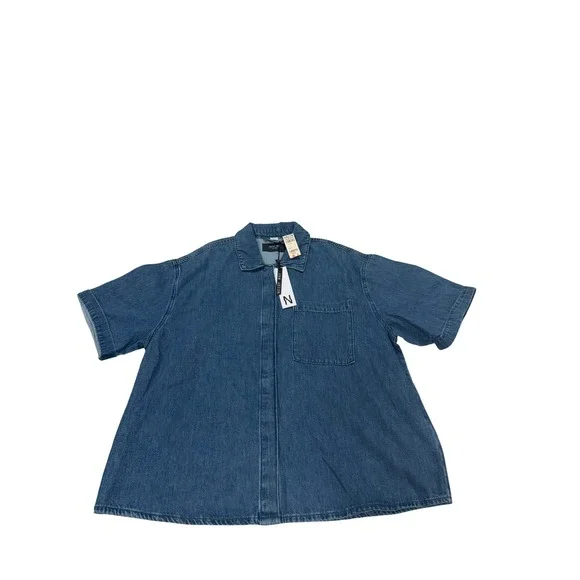 Noisy May Denim Shirt Oversized Short Sleeve Button Up Blue XL - Picture 2 of 11